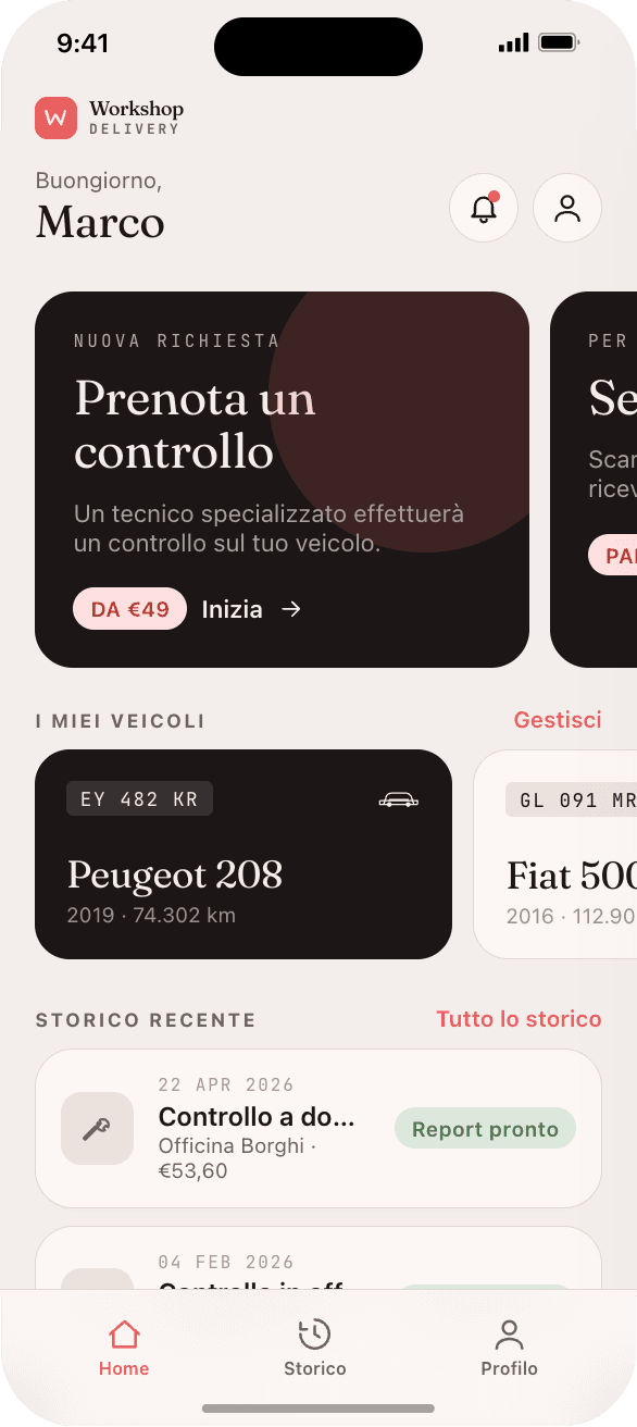 L'app Workshop Delivery sul telefono di un cliente: prenotazione di un controllo, i suoi veicoli e lo storico degli interventi.